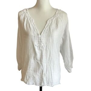 Natural Life Top Size Large White Gauze Robyn Cotton V-Neck 3/4 Sleeve Boho Top